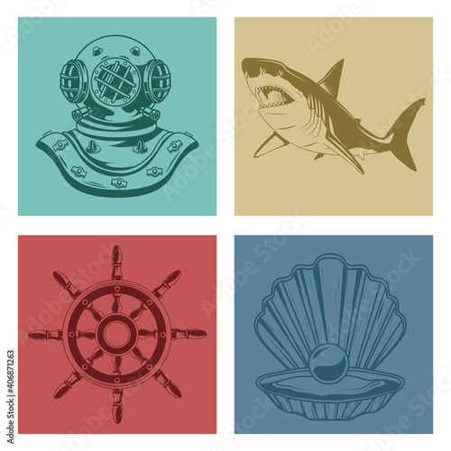 bundle of four nautical elements set icons