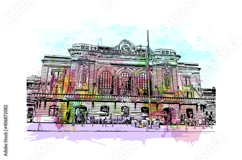 Building view with landmark of Denver is the capital of Colorado. Watercolour splash with hand drawn sketch illustration in vector.