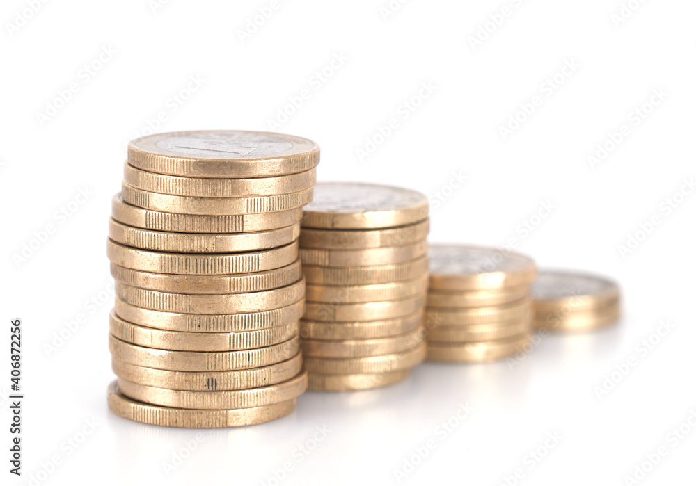 A row of decreasing euro coins on a white background A row of decreasing euro coins on a white background