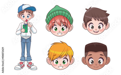 group of five young interracial teenagers boys kids heads characters
