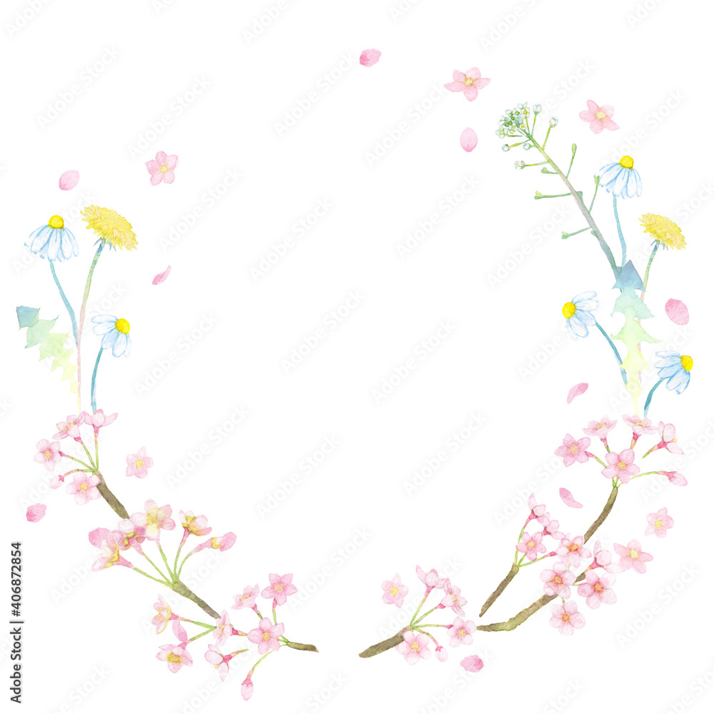 ＜フレーム素材＞水彩画で描かれた、春の植物リース（桜、たんぽぽ、ナズナ、マーガレット）