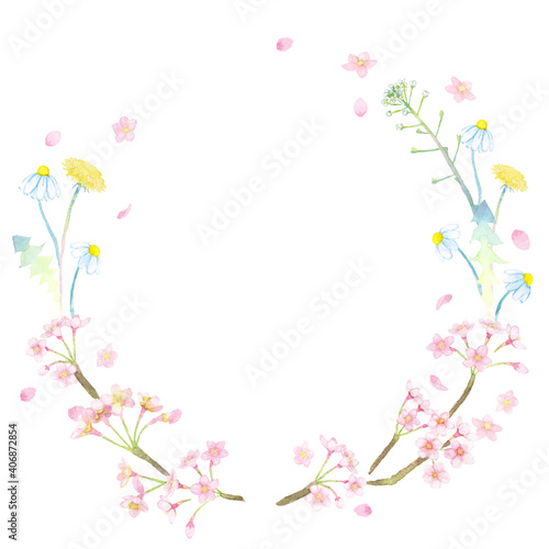 ＜フレーム素材＞水彩画で描かれた、春の植物リース（桜、たんぽぽ、ナズナ、マーガレット） © Natsu @ Fairy Forest