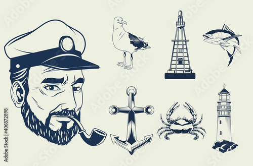 bundle of seven nautical gray elements set icons