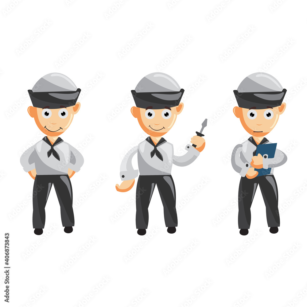 Set of a sailor man cartoon character in different poses. Vector illustration in a flat style