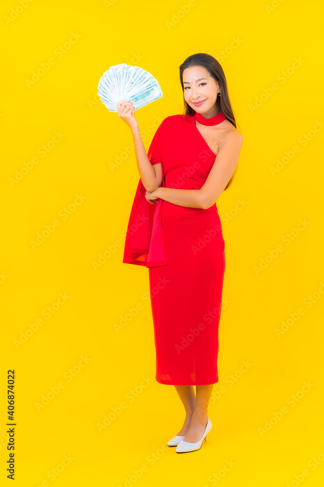 Portrait beautiful young asian woman with a lot of cash and money Portrait beautiful young asian woman with a lot of cash and money