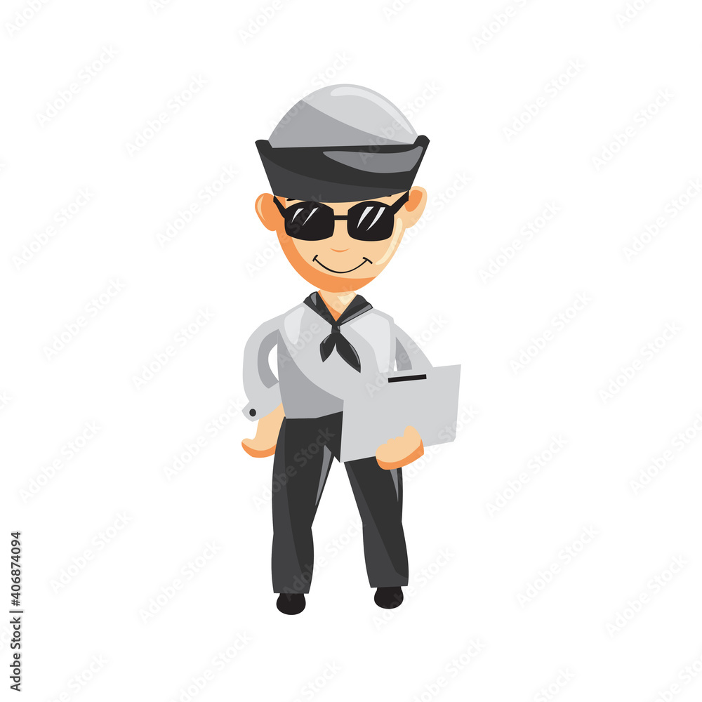 Sailor man Wear Glasses Bring Laptop cartoon character Vector illustration in a flat style Isolated