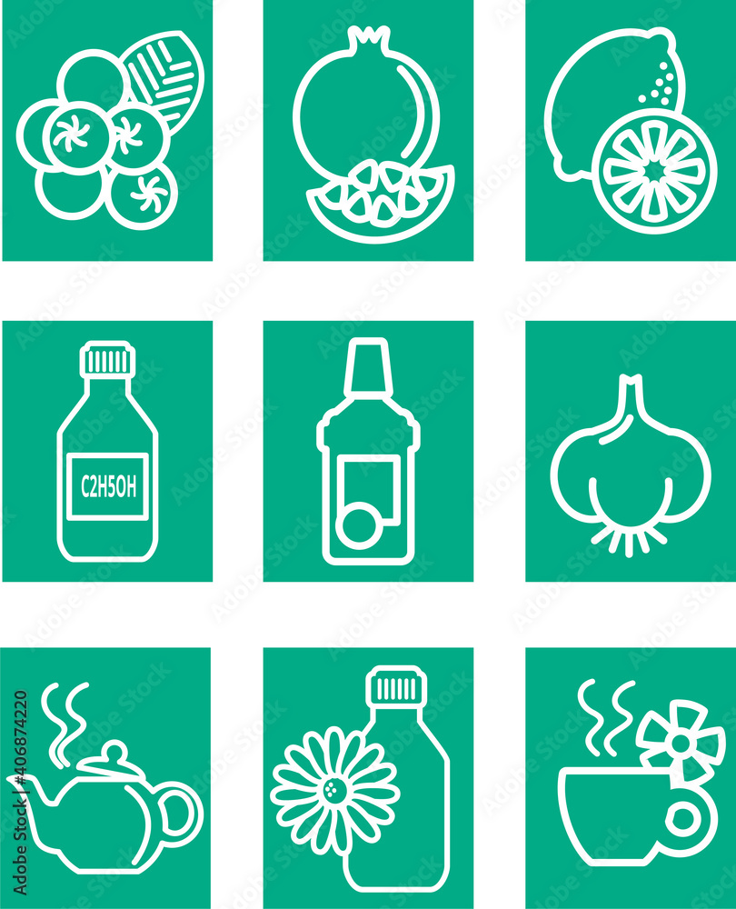 Coronavirus prevention and protection icons set. Proper healthy diet, increased immunity, disinfectant, alcohol, antiseptic, hot tea, pomegranate, lemon, garlic. Flat infographics. Vector illustration Coronavirus prevention and protection icons set. Proper healthy diet, increased immunity, disinfectant, alcohol, antiseptic, hot tea, pomegranate, lemon, garlic. Flat infographics. Vector illustration