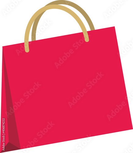 Pink bag with gold handles isolated on white background. Sale and shopping symbol. Flat infographics. Vector illustration.