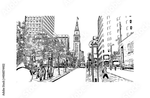 Building view with landmark of Denver is the 
city in Colorado. Hand drawn sketch illustration in vector.