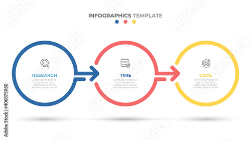 Timeline infographics template design with arrows and circles. Business concept with 3 options, steps, parts.