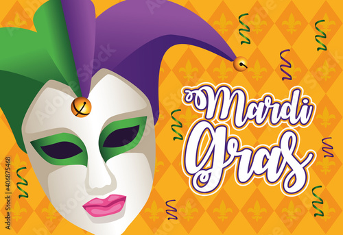 mardi gras carnival lettering with jester female mask