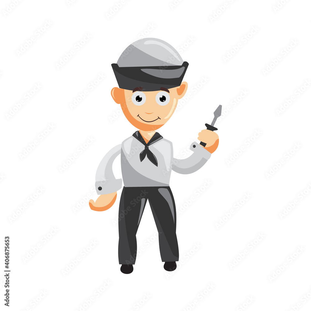 Sailor man Hold screwdriver cartoon character Vector illustration in a flat style Isolated
