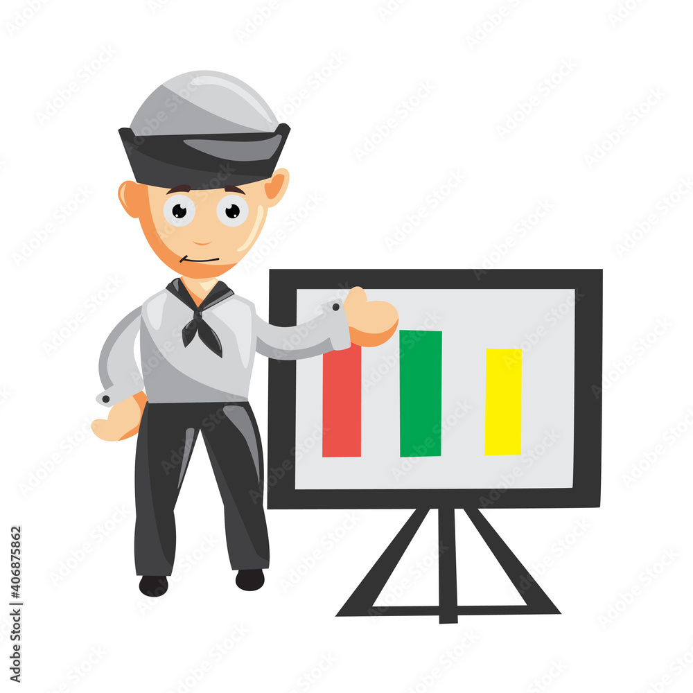 Sailor man show table chart cartoon character Vector illustration in a flat style Isolated Sailor man show table chart cartoon character Vector illustration in a flat style Isolated
