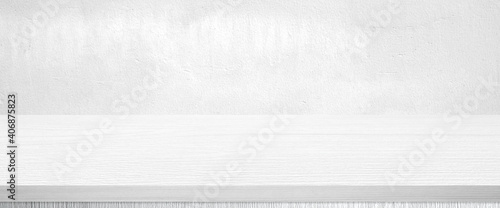 White wood table and white wall background in kitchen, Wooden shelf, counter for food and product display in room background, White wood table top, desk surface banner, mockup, template
