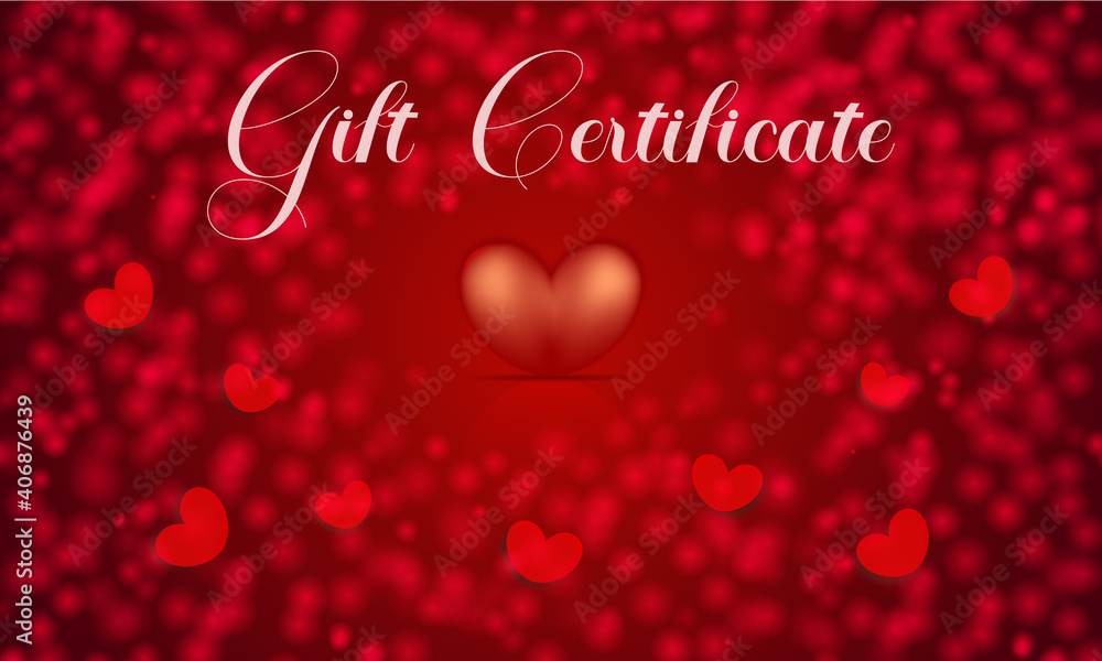 Gift certificate to Valentines Day on the red background with big and small hearts. Holiday card Gift certificate to Valentines Day on the red background with big and small hearts. Holiday card