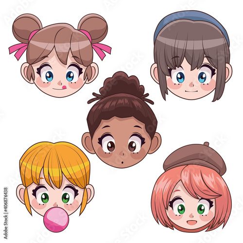 group of five interracial teenagers girls anime heads characters
