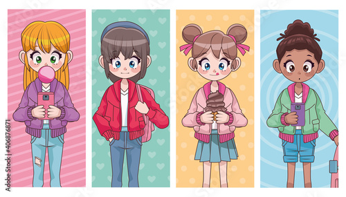 group of four beautiful interracial teenagers girls anime characters