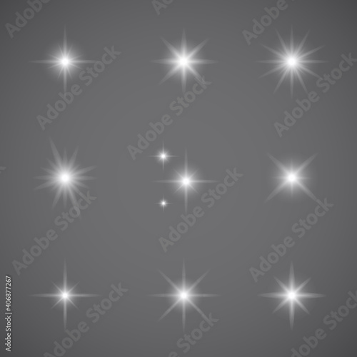 Lights effect set isolated on gray background. Collection of various sparkle effect for backdrop and wallpaper. Light effect vector illustration