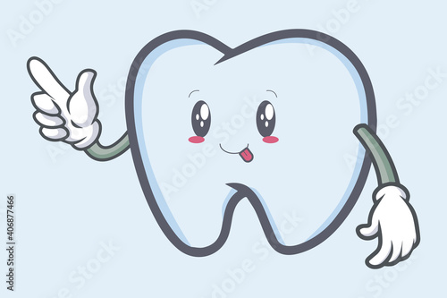 vector pointed at hand with dumb, yum, tongue face. tooth character emoticon cartoon style. Logo, Icon, Mascot Illustration