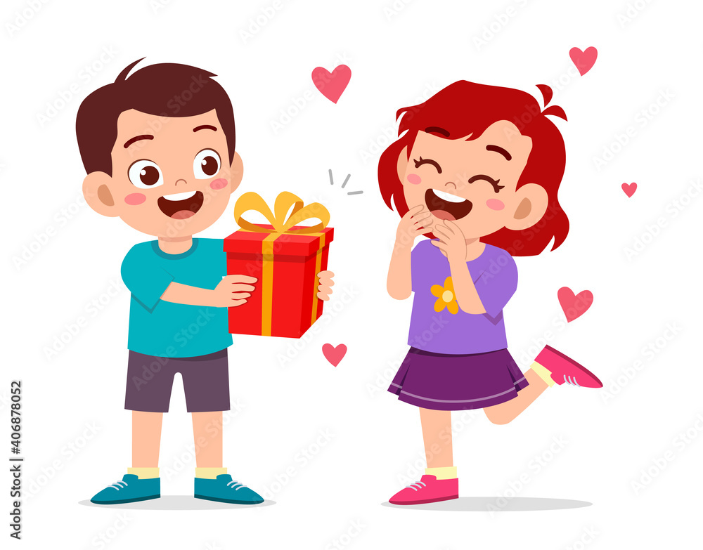 cute boy give present to little girl for celebrate birthday cute boy give present to little girl for celebrate birthday
