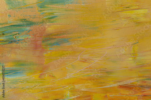 Abstract creative background: chaotic stains of oil paint on linen canvas with tonal priming