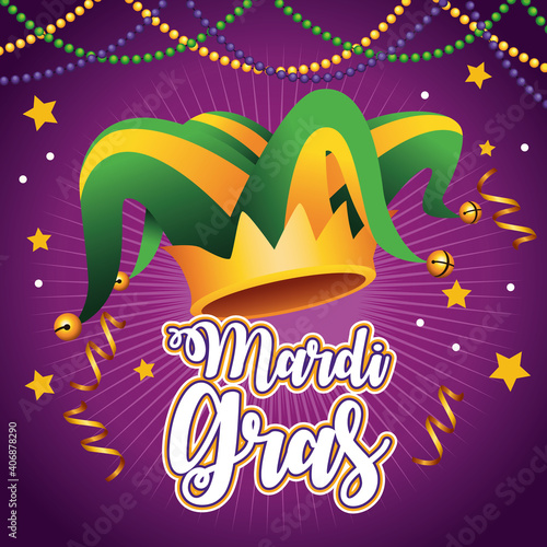 mardi gras carnival lettering with jester hat and garlands