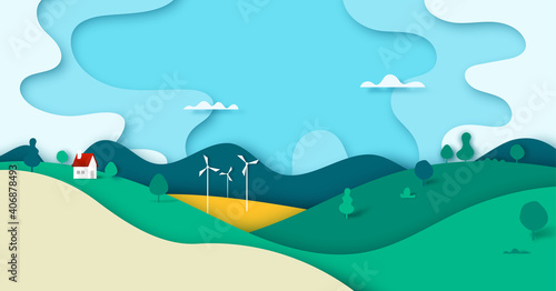 Green nature forest landscape scenery with house in countryside banner background paper art style.