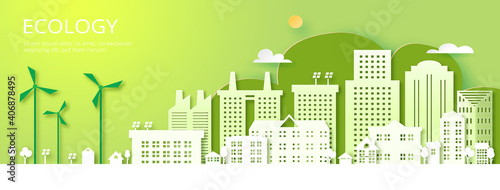 Paper art of Sustainability in green eco city, alternative energy and ecology conservation concept.