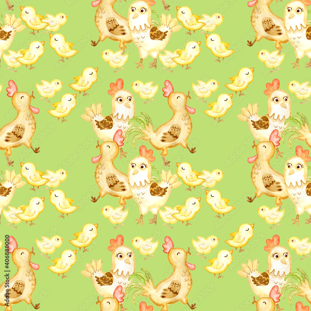 Cute Cartoon Chickens and Roosters Kids Pattern for Fabric Cute Cartoon Chickens and Roosters Kids Pattern for Fabric