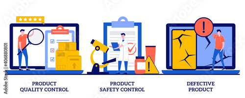Product quality, safety control, defective product concept with tiny people. Product manufacturing abstract vector illustration set. Customer feedback, inspection, warranty certificate metaphor