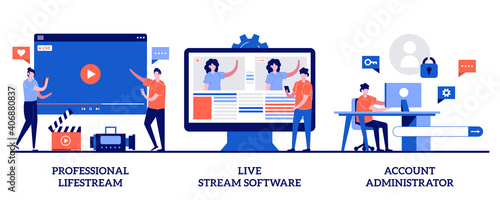 Professional livestream, live stream software, account administrator concept with tiny people. Broadcasting service abstract vector illustration set. Online event stream manager metaphor