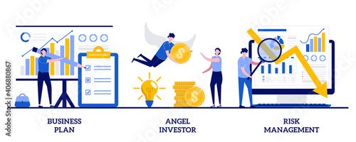Business plan, angel investor, risk management concept with tiny people. Startup development abstract vector illustration set. Entrepreneur, online crowdfunding, investment capital metaphor