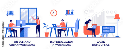 On-demand urban workspace, biophilic design, work home office concept with tiny people. Workplace organization abstract vector illustration set. Coworking, client meeting room, distance work metaphor