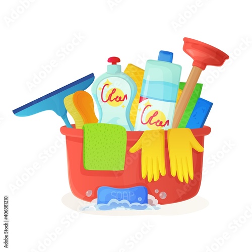 Basin with rags,plunger,gloves. Domestic bucket, cleaning tools,cleaning service,household chores,home routine concept. t.Stock vector illustration in flat cartoon style isolated on white.