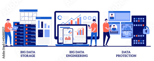 Big data storage, big data engineering, data protection concept with tiny people. Database security abstract vector illustration set. Disk infrastructure, business information safety metaphor