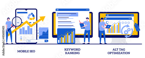 Mobile SEO agency, keyword ranking, alt tag optimization concept with tiny people. Search engine marketing abstract vector illustration set. Website ranking, page navigation metaphor