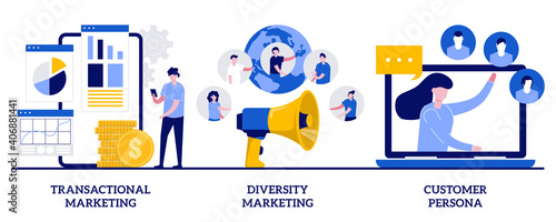 Transactional and diversity marketing, customer persona concept with tiny people. Marketing strategies abstract vector illustration set. Individual sales, customized advertising metaphor