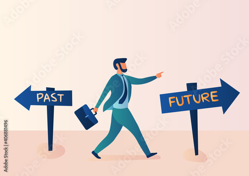 Business illustration, alternative concept, past, and future. Businessmen confidently choose to move forward to the future