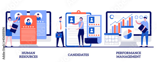 Human resources, candidates, performance management concept with tiny people. HR and headhunter service abstract vector illustration set. Find employee, job applicant, HR management software metaphor