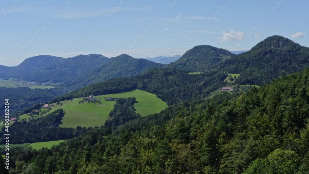 Aerial shot of forest, mountain, and meadow in Lavamünd. Camera pan right Aerial shot of forest, mountain, and meadow in Lavamünd. Camera pan right