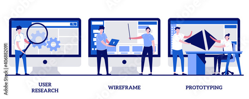 User research, wireframe, prototyping concept with tiny people. UX design abstract vector illustration set. Online survey, reports and analytics, web page layout, website navigation metaphor