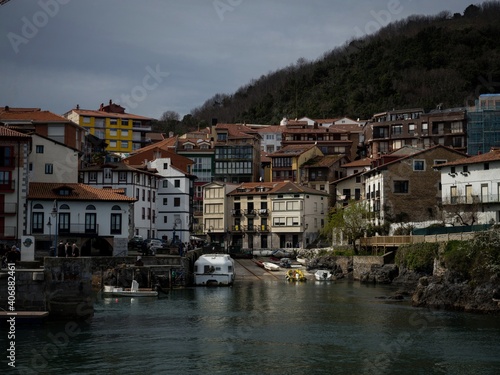 Panorama view of harbour port ship boat dock of Mundaka Mundaca town village in Biscay Basque Country Spain Europe photo