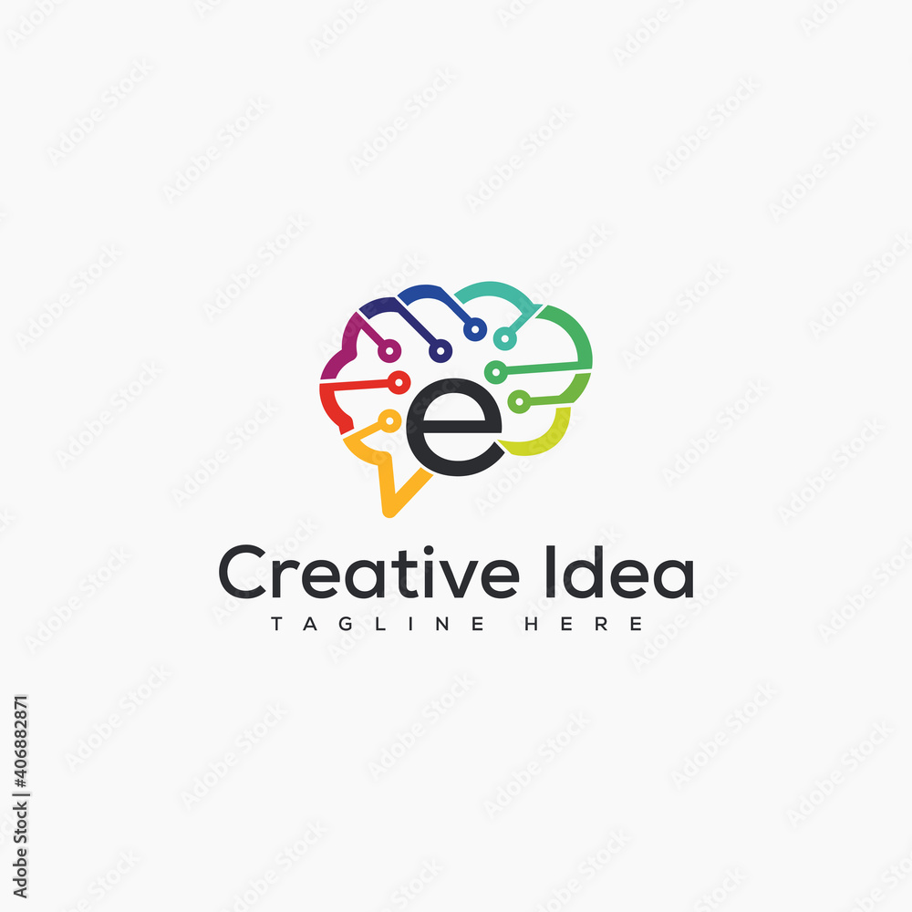 Colorful creative letter E and brain isolated logo design for technology education logo. Symbol of creativity, creative idea logo designs template