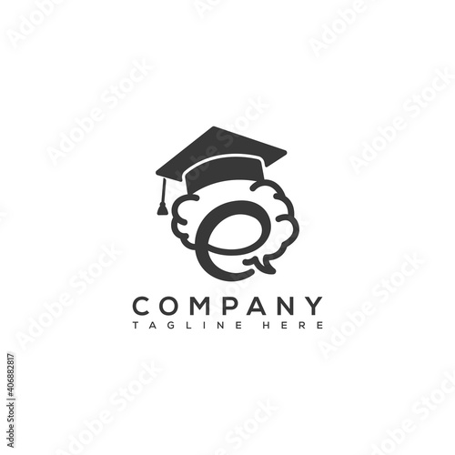 Letter E with Graduation Hat and brain for education business E-learning Concept logo template Stock Vector