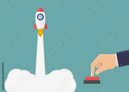 Business hand push rocket button design vector illustration
