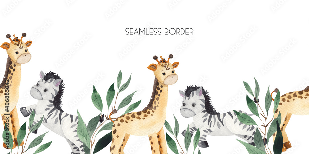 Fototapeta premium Watercolor handpainted seamless border with cute baby toys for kids (ball, doll, giraffe, hare, pyramid, rocking horse, robot, teddy bear, zebra)