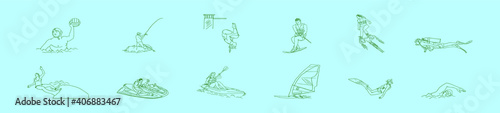 set of water sports cartoon icon design template with various models. vector illustration isolated on blue background