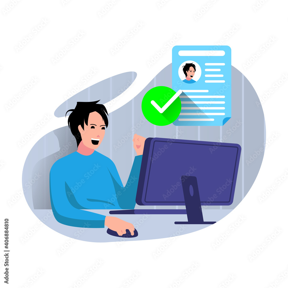 a man did online registration from pc successfully concept illustration flat design vector eps10 a man did online registration from pc successfully concept illustration flat design vector eps10