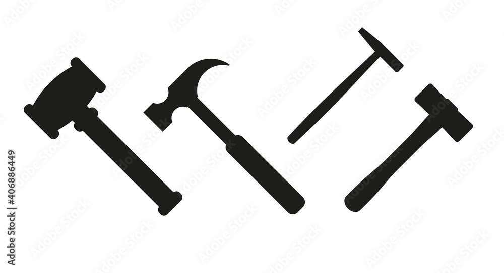 Vektorová grafika „Hammer silhouette vector set. Several hammers for  various purposes. Judge gavel, auction gavel, carpenter hammer, shoemaker  and sledgehammer.“ ze služby Stock | Adobe Stock