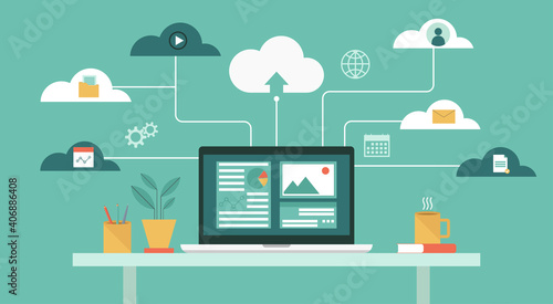 Cloud computing technology network with laptop on table, Online devices upload, download information, data in database on cloud services, vector flat illustration